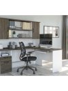 White & Walnut Gray Modern L-shaped Desk with Hutch