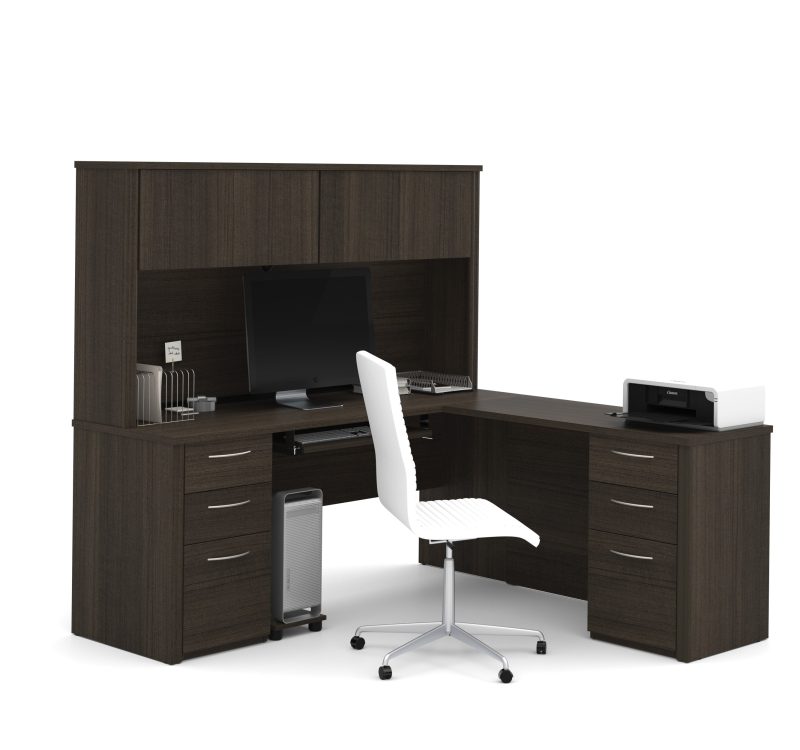 71" Dark Chocolate L-Shaped Double Pedestal Desk with Hutch - Image 2