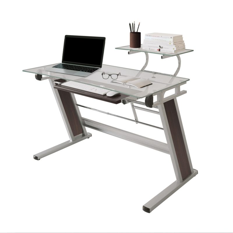 43" Cantilevered Glass-top Desk with Silver/Walnut Frame - Image 2