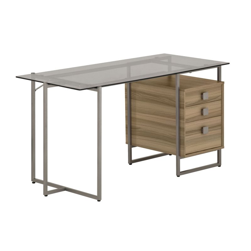 55" Glass & Silver Desk with Oak Finish Drawers - Image 2