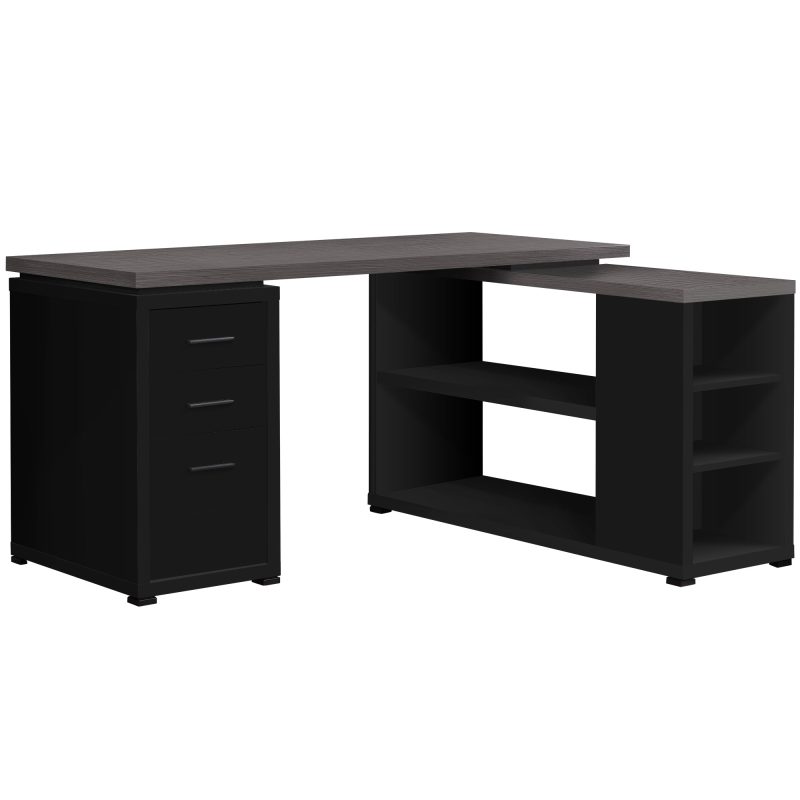 Black & Gray Woodgrain L-Shaped Desk with Built-in Credenza - Image 2