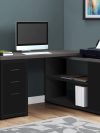 Black & Gray Woodgrain L-Shaped Desk with Built-in Credenza
