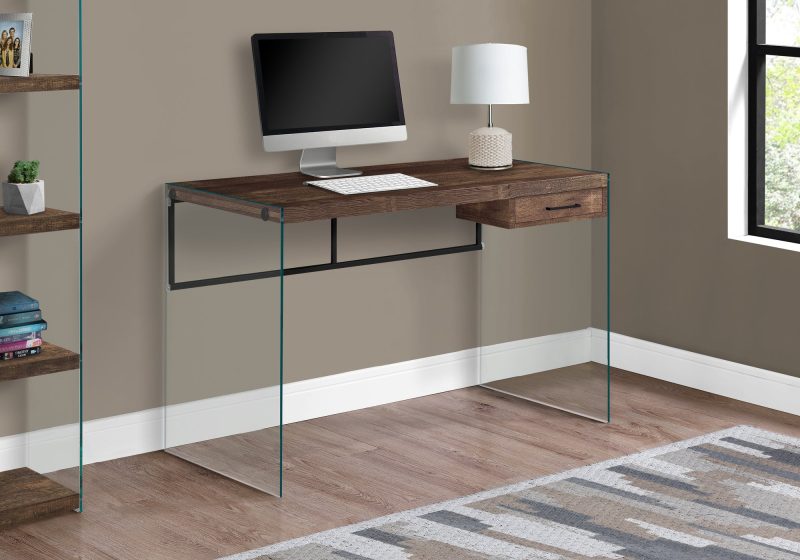 47" Glass & Reclaimed Brown Wood Desk with Drawer