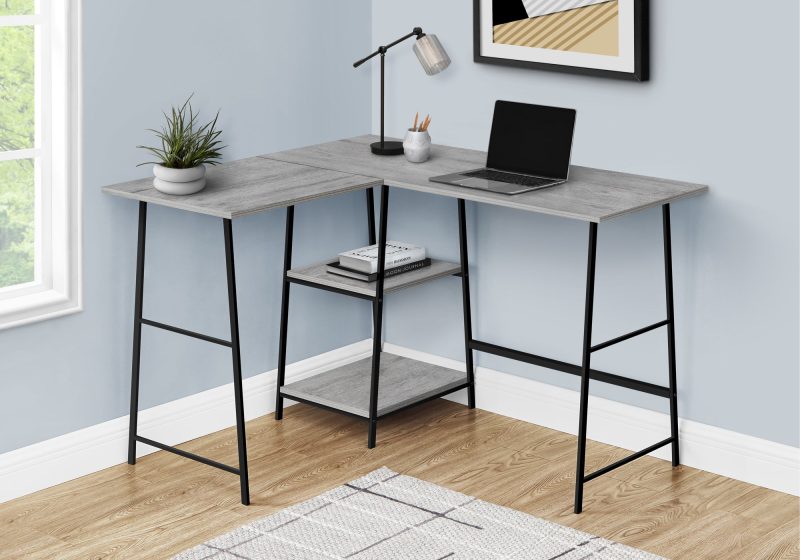 47" Grey Industrial-Style L-Shaped Writing Desk with Open Shelves - Image 2
