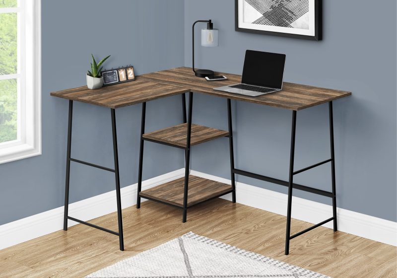 47" Brown Industrial-Style L-Shaped Writing Desk with Open Shelves - Image 3