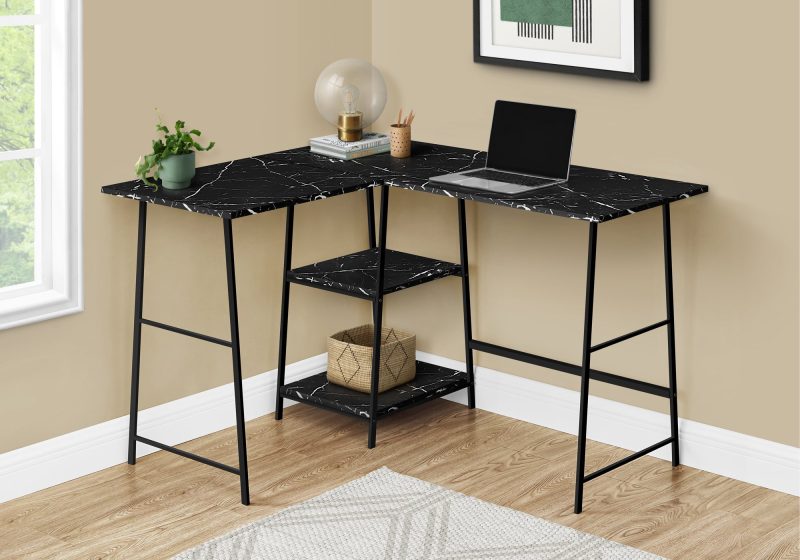 47" Black Marble Industrial-Style L-Shaped Writing Desk with Open Shelves - Image 2