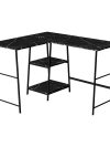 47" Black Marble Industrial-Style L-Shaped Writing Desk with Open Shelves