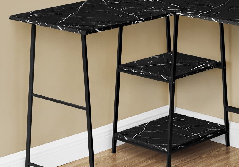 47" Black Marble Industrial-Style L-Shaped Writing Desk with Open Shelves - Image 3