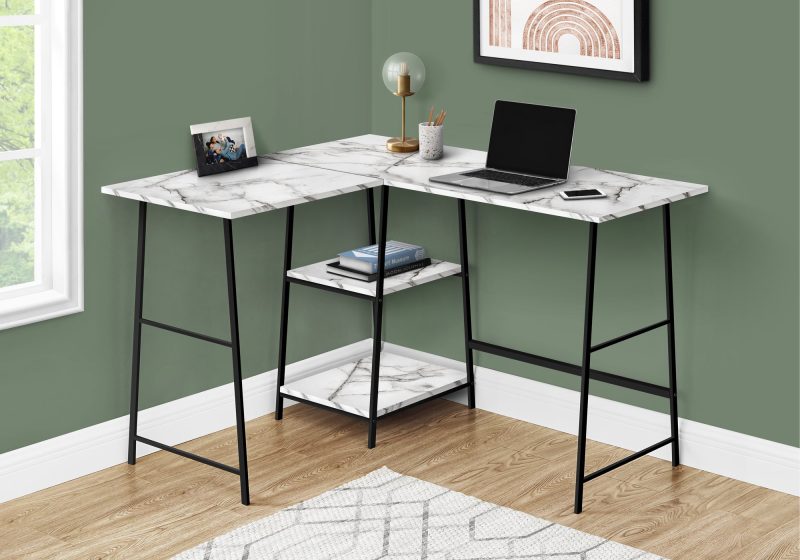 47" White Marble Industrial-Style L-Shaped Writing Desk with Open Shelves - Image 2