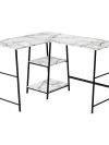 47" White Marble Industrial-Style L-Shaped Writing Desk with Open Shelves