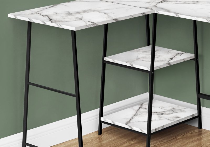 47" White Marble Industrial-Style L-Shaped Writing Desk with Open Shelves - Image 3