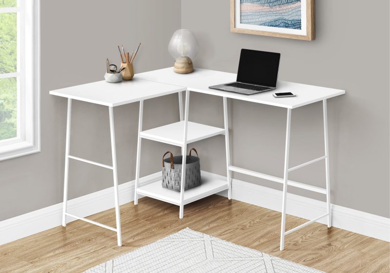 47" White Industrial-Style L-Shaped Writing Desk with Open Shelves - Image 2