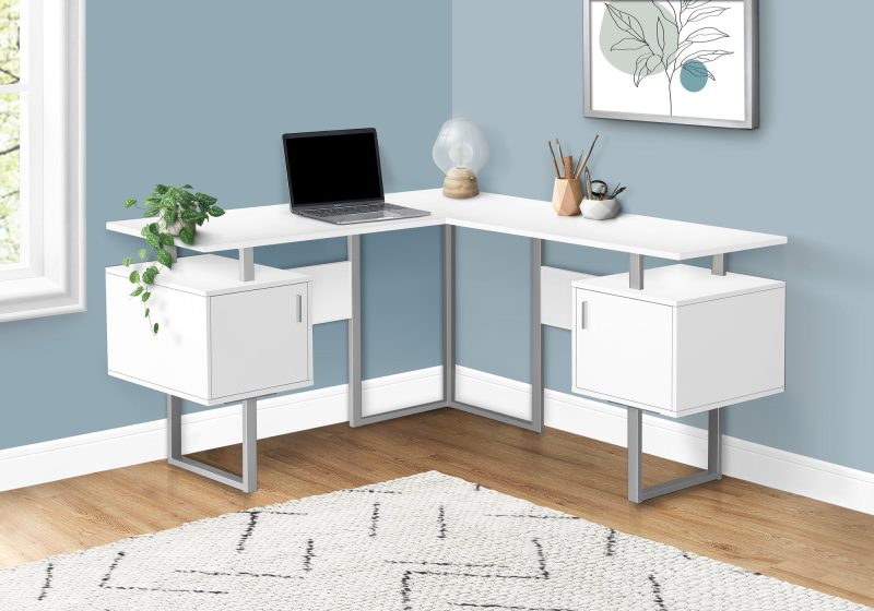Mid-Century Modern White 57" L-Shaped Computer Desk