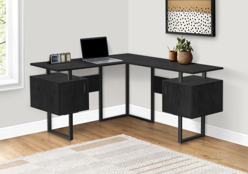 Mid-Century Modern Black 57" L-Shaped Computer Desk