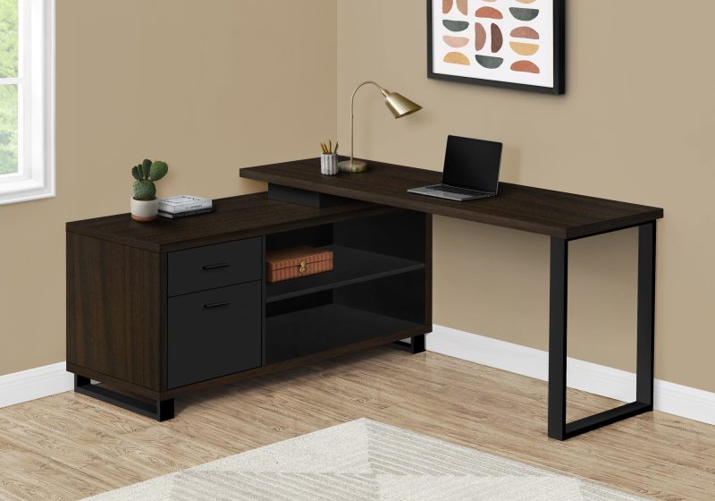 72" Espresso and Black Executive L-Shaped Desk