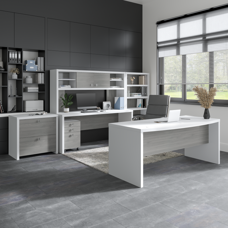 72?? Modern L-Shaped Bow-Front Office Desk in Pure White & Modern Gray - Image 2