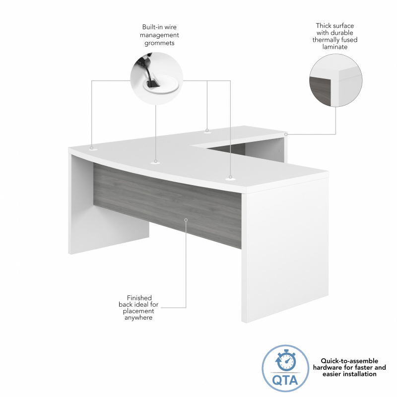 72?? Modern L-Shaped Bow-Front Office Desk in Pure White & Modern Gray - Image 4