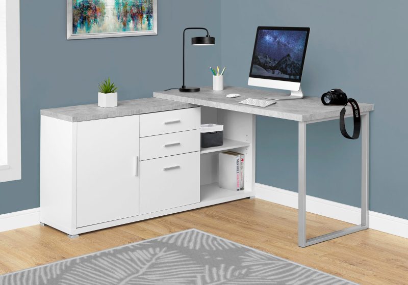 Classic White & Cement Corner Office Desk w/ Silver Accents - Image 2