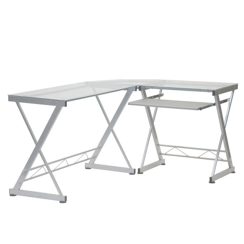62" Glass L-Shaped Desk with Keyboard Tray - Image 2