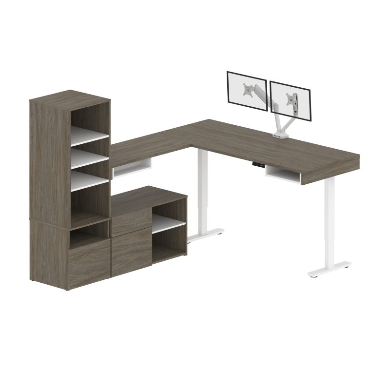 Set of Two 88" L-Shaped Adjustable Walnut Gray Desks with Twin Monitor Arms - Image 4