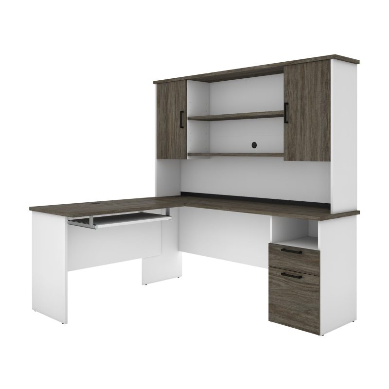 White & Walnut Gray Modern L-shaped Desk with Hutch - Image 3