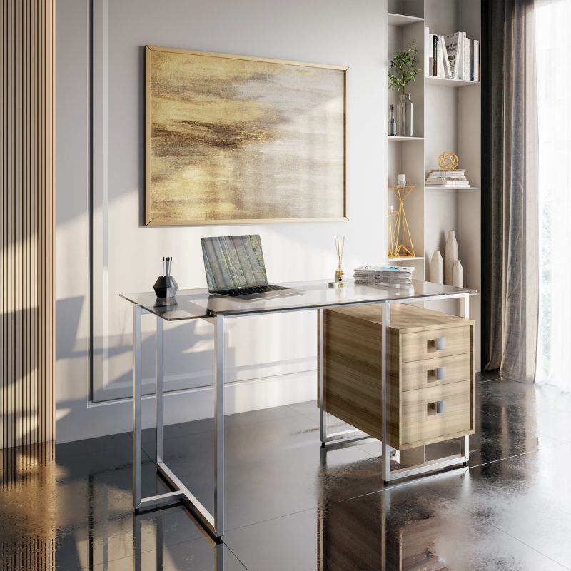55" Glass & Silver Desk with Oak Finish Drawers - Image 3