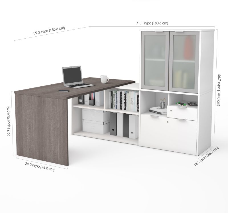 71" Bark Gray and White L-shaped Desk with Frosted Hutch - Image 3
