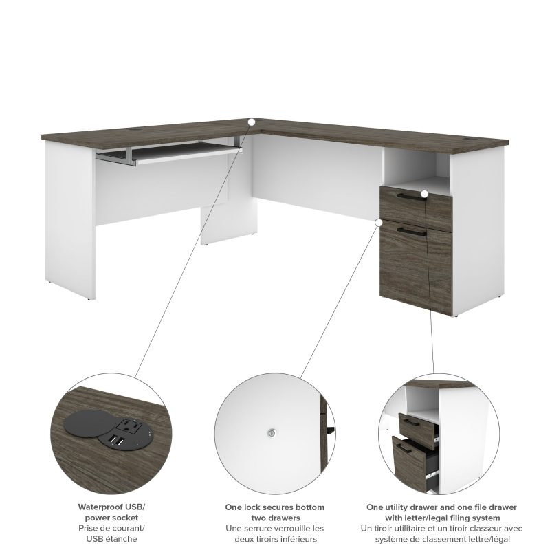 White & Walnut Gray Modern L-shaped Desk with Hutch - Image 6