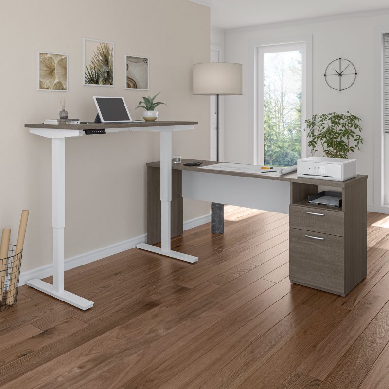 71" Adjustable L-Desk with Filing Area in Bark Gray & White