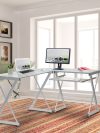 62" Glass L-Shaped Desk with Keyboard Tray