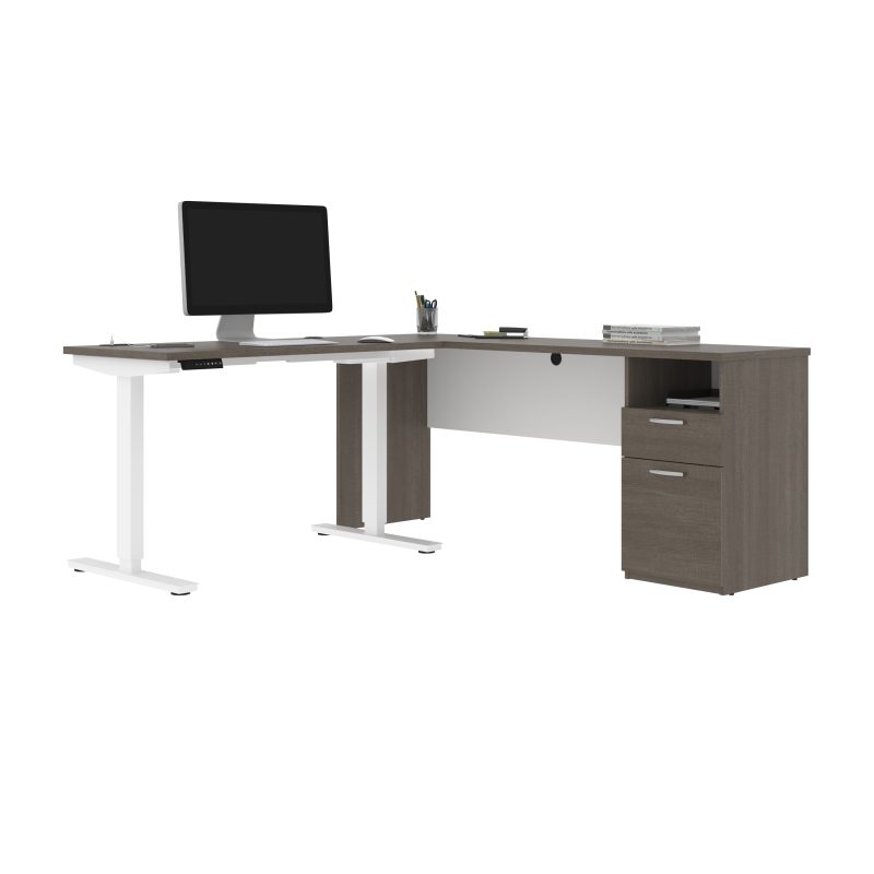 71" Adjustable L-Desk with Filing Area in Bark Gray & White - Image 2