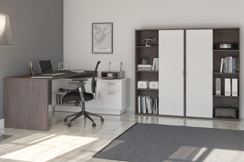72" L-Shaped Executive Desk with Storage Cabinets in Bark Gray & White