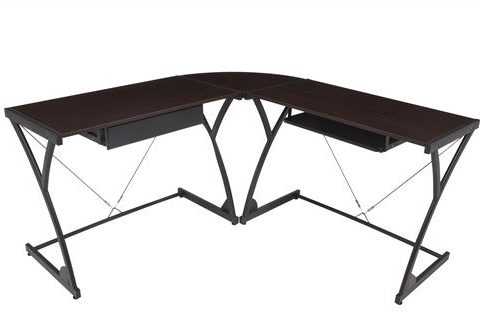 L-shaped Desk with Solid Wood Top in Mocha Walnut & Storage