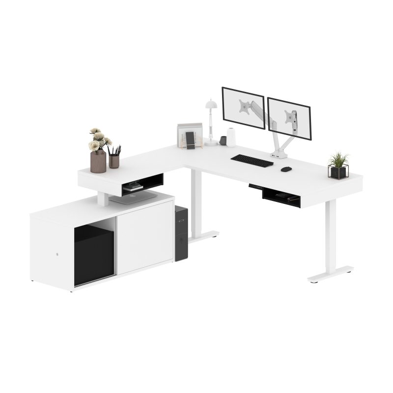 71" Programmable Desk in White and Black with Dual Monitor Arms and Credenza - Image 2