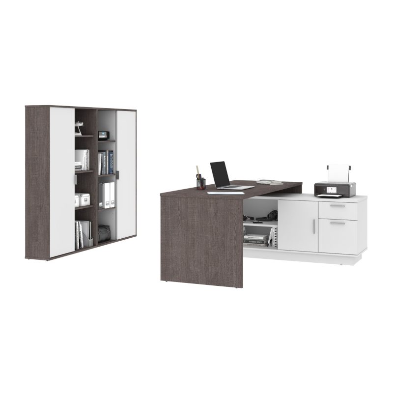72" L-Shaped Executive Desk with Storage Cabinets in Bark Gray & White - Image 2