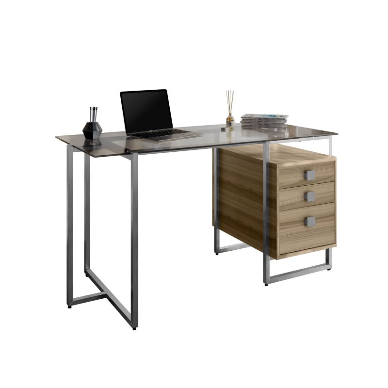 55" Glass & Silver Desk with Oak Finish Drawers