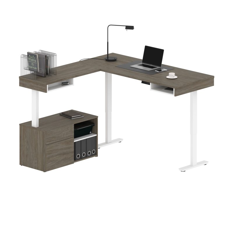 72" L-Shaped Adjustable Ergonomic Desk with Small Credenza in Walnut Gray - Image 2