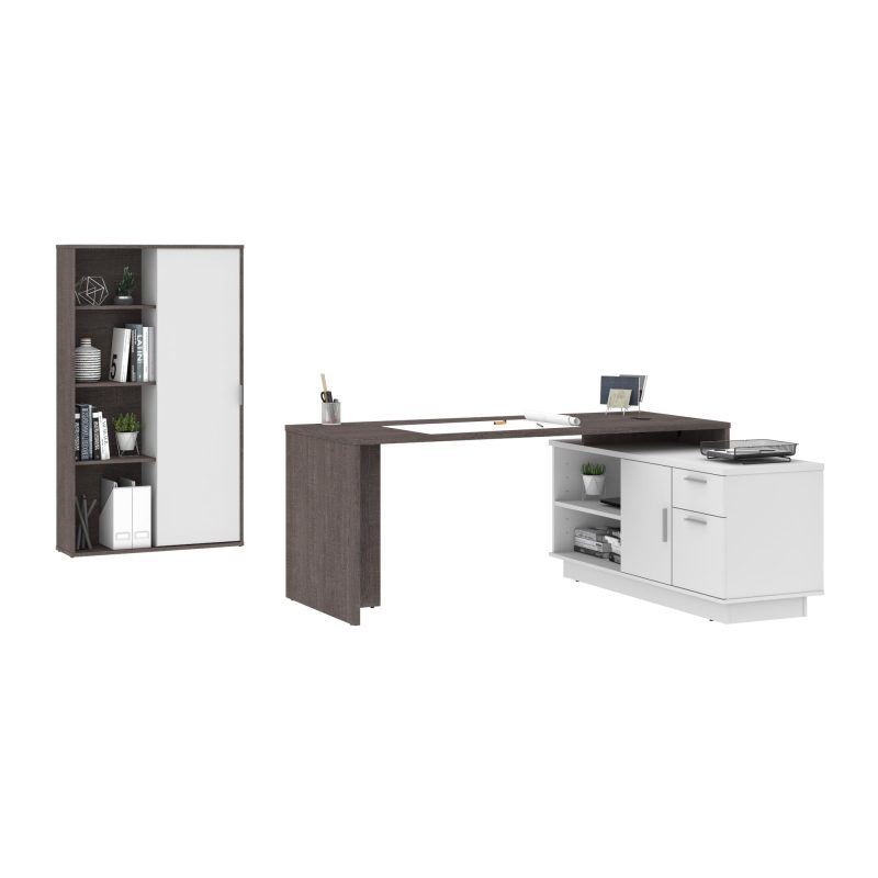 71" Bark Gray and White Modern L-Desk Set with Credenza and Cabinet - Image 2