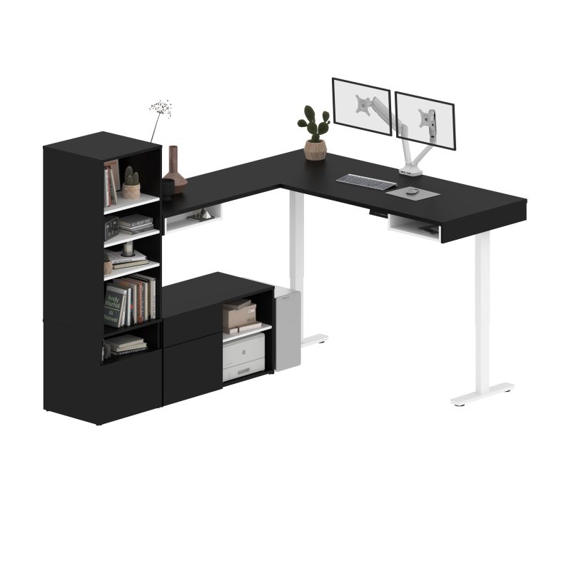 Set of Two 88" L-Shaped Adjustable Black & White Desks with Twin Monitor Arms - Image 3