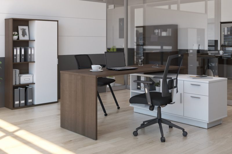 71" Antigua and White Modern L-Desk Set with Credenza and Cabinet