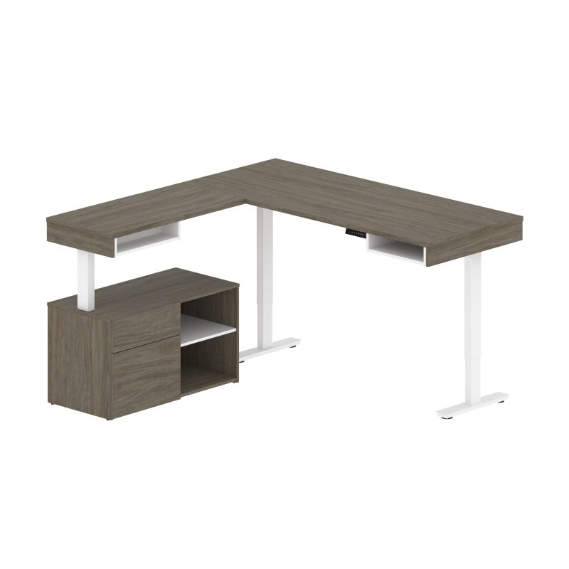 72" L-Shaped Adjustable Ergonomic Desk with Small Credenza in Walnut Gray - Image 4