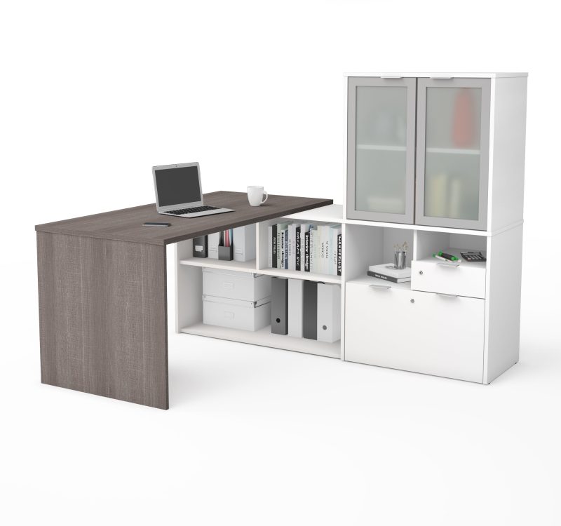 71" Bark Gray and White L-shaped Desk with Frosted Hutch - Image 2