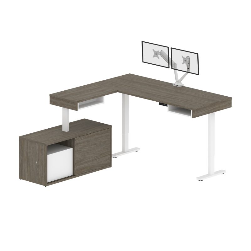 71" Dual Monitor Programmable L-Shaped Desk with Credenza in Walnut Gray and White - Image 2