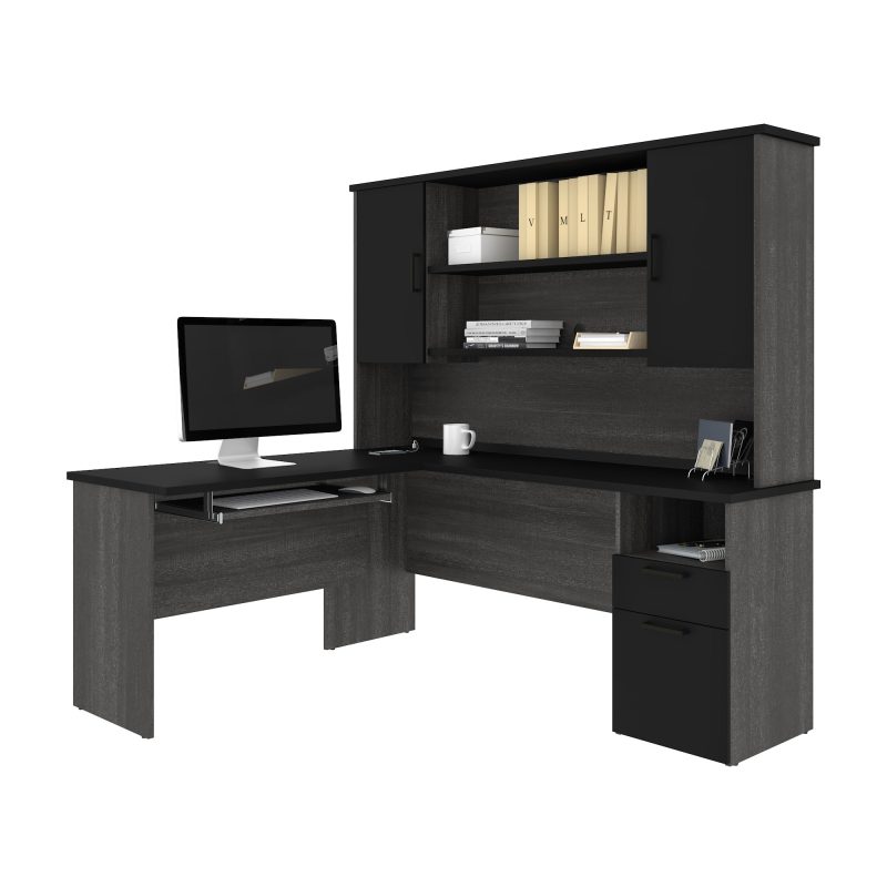 Bark Gray & Black Modern L-shaped Desk with Hutch - Image 2
