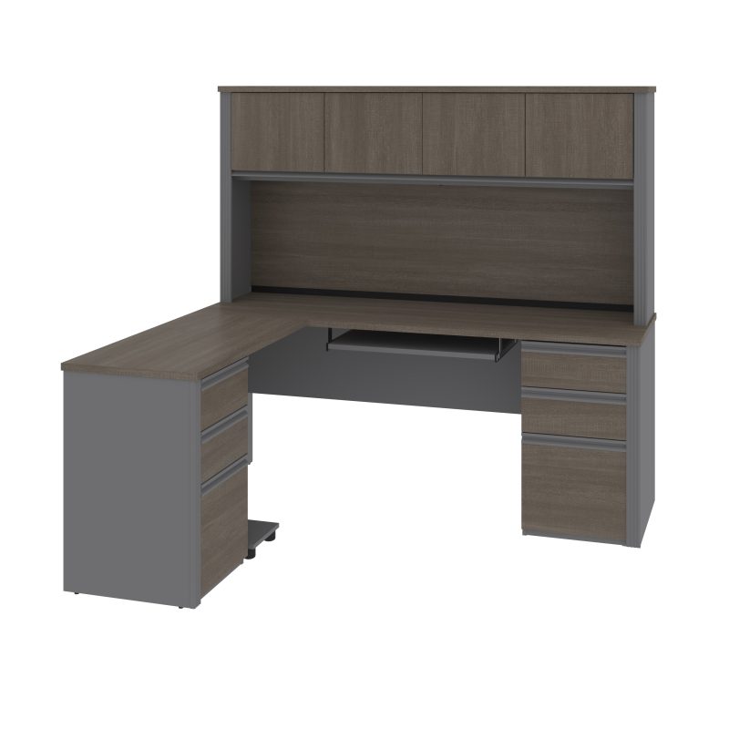 Premium L-shaped Double Pedestal Desk with Hutch in Bark Gray and Slate - Image 3
