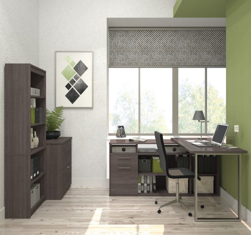 Set of 3: L-Shaped Desk, Lateral File, & Bookcase In Bark Gray Finish