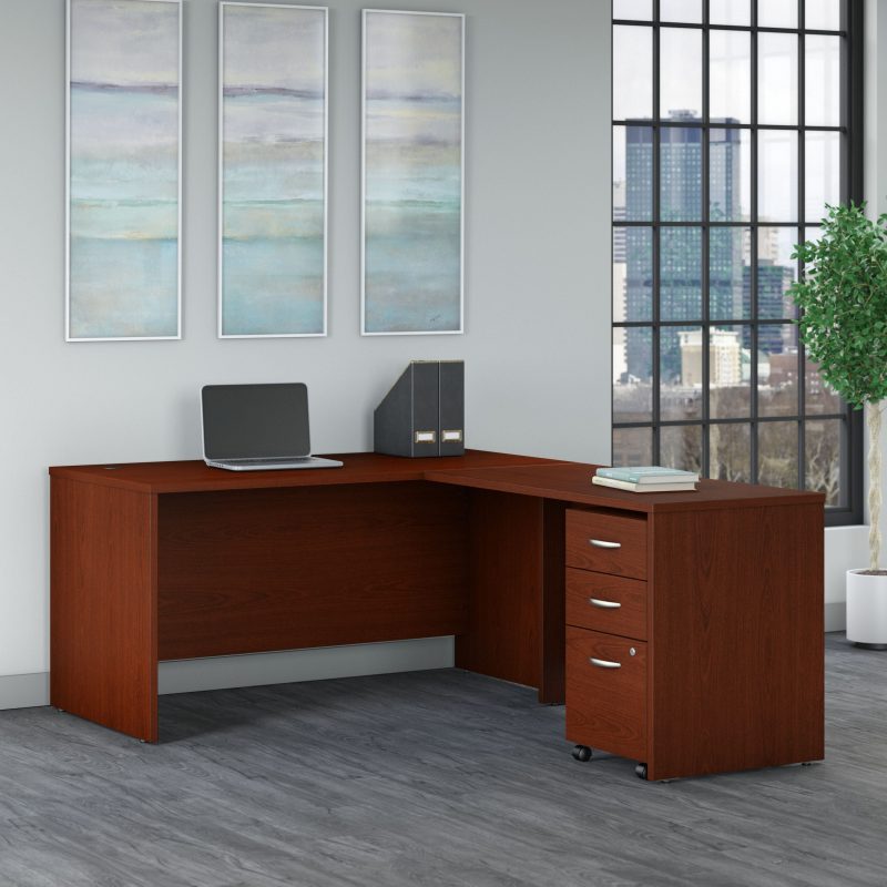 60" L-Shaped Desk with Mobile Pedestal in Mahogany