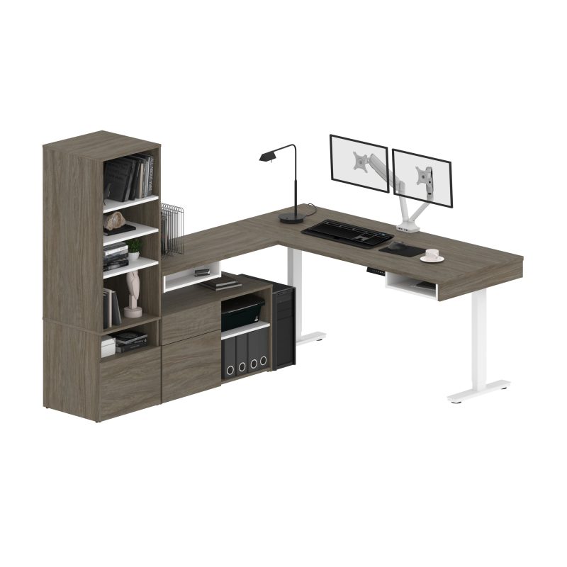 Set of Two 88" L-Shaped Adjustable Walnut Gray Desks with Twin Monitor Arms - Image 2
