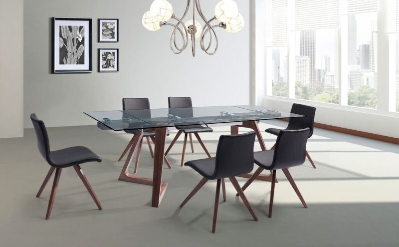 Modern Extending Glass Conference Table w/ Angled Walnut Legs (63" W to 95" W) - Image 3