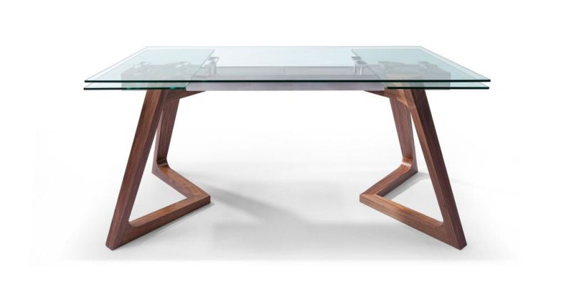 Modern Extending Glass Conference Table w/ Angled Walnut Legs (63" W to 95" W) - Image 2